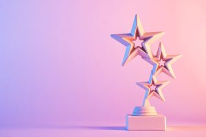 Three star trophy award statuette model with shadow, against gradient purple and pink background with copy space