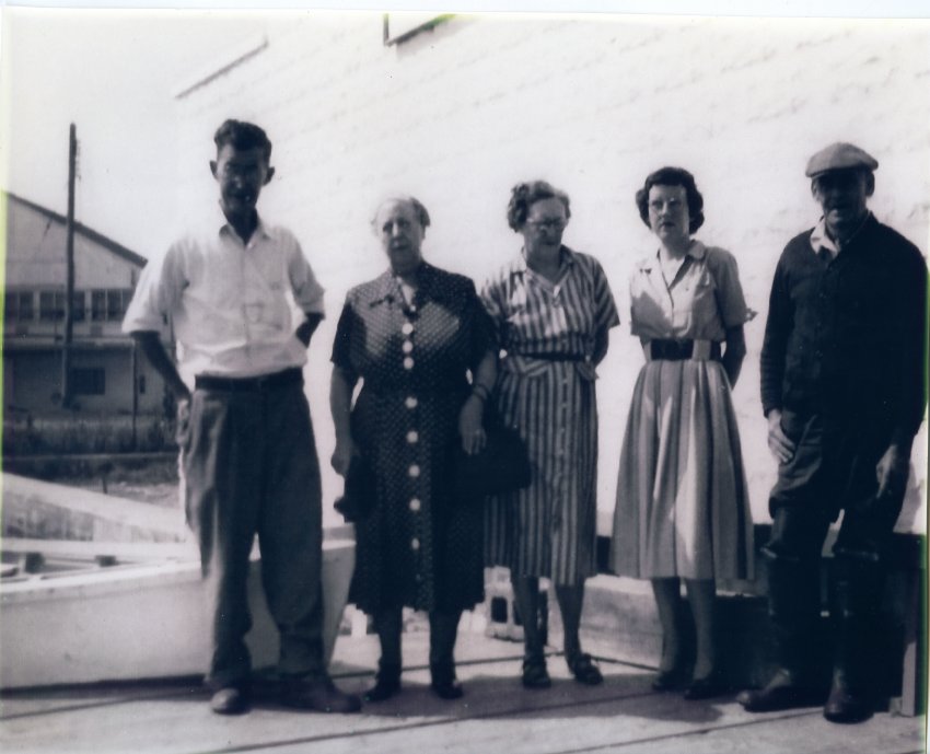 Left to right: James F. Collison (McNasby's manager), Pearl McNasby (William McNasby's wife), Reita Collison (James F.'s wife), Kathryn Collison Mitchell (McNasby's bookkeeper & James F.'s daughter), Justus "Chuck" McNasby (William McNasby's brother). Circa 1952.